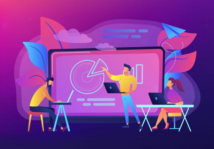Students with laptops sitting around lector behind interactive board. Digital classroom, flipped class, smart classroom. Modern education concept.Vector illustration on ultraviolet background