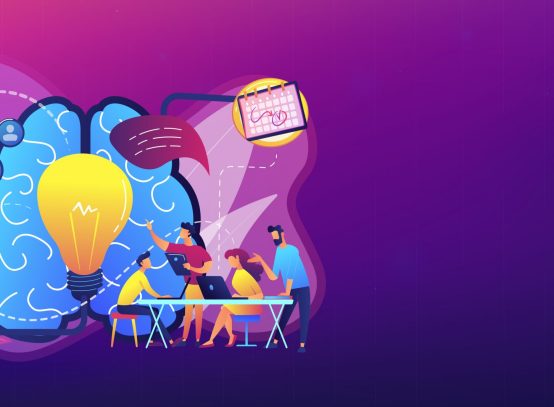 Business team working on project. Project management, business analysis and planning, brainstorming and research, consulting and motivation concept, violet palette. Header or footer banner.