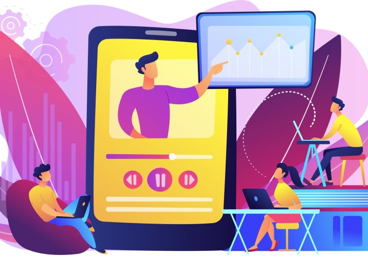 Students watching online training video with teacher and chart on tablet. Online teaching, share your knowledge, english teacher online concept. Bright vibrant violet vector isolated illustration