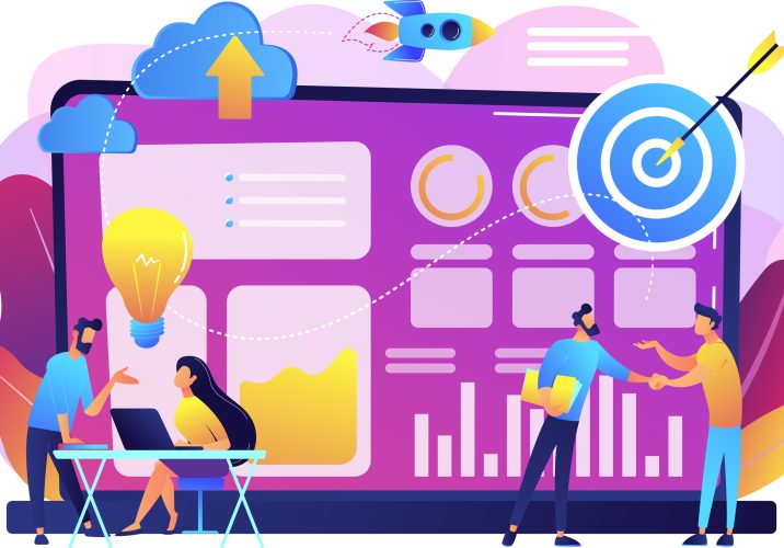 Tiny business analysts discussing ideas at laptop with data. Data initiative, occupation in metadata study, data driven startup concept. Bright vibrant violet vector isolated illustration